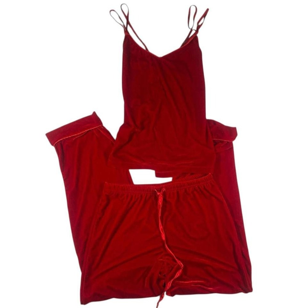 Red Velvet Pajama Set Cami Pants Loungewear M Vintage Romantic Old Holylwood
